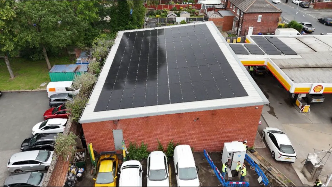 An completed solar panel installation at a garage in Gorton UK